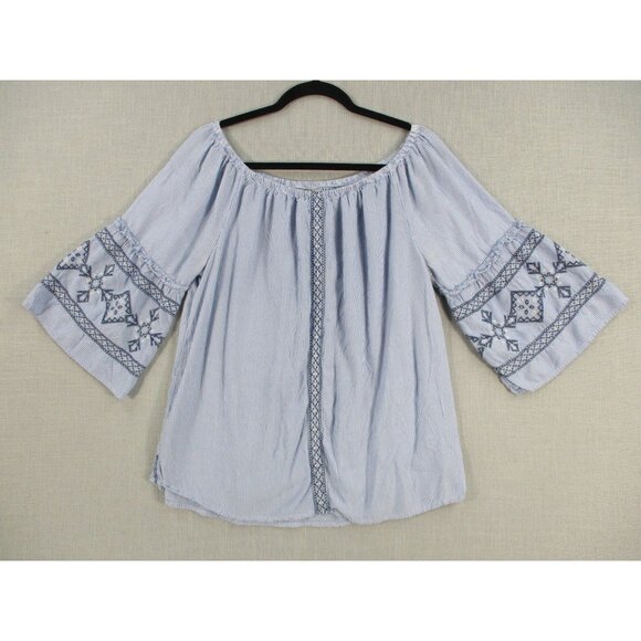 St Johns Bay Blue White Pinstripe Embroidered Off Shoulder Boho Top L - Picture 1 of 6